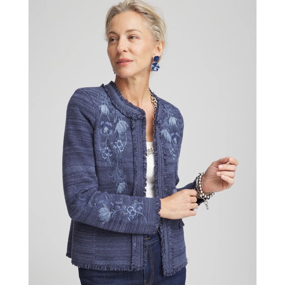 NWT Chicos Cardigan Embroidered Denim Jacket Womens 3 XL Blue Floral Fringed